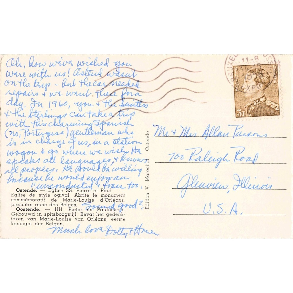 Vtg Ostend Belgium Postcard Eglise SS Pierre Paul Church 1960 Postmark - Picture 2 of 2